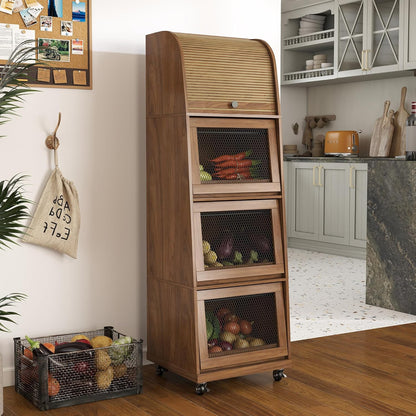 4 Tier Narrow Potato Storage Bin, Tall Wood Potato and Onion Storage Bin with Wheel, Movable Fruit and Vegetable Basket, Food Small Kitchen Pantry Cabinet, Wooden Bread Box, Walnut, Sliding Door