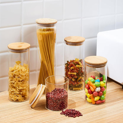 SHOWIN Glass Food Storage Jars Square 37oz, 4 Pack Glass Jars With Bamboo Lids, Kitchen Storage Containers For Spice, Candy, Cookie, Storage For Pantry Organizers