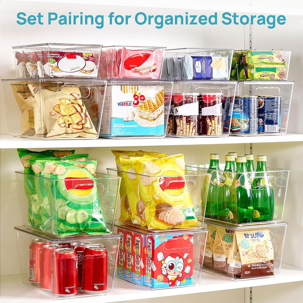 Vtopmart 8 Pack Clear Plastic Storage Bins Set, 4 Large Pantry Organizer Bins with Lids & Handles and 4 Medium Snack Organizer Bins with 4-Compartment for Pantry, Kitchen, Fridge, Cabinet Organization