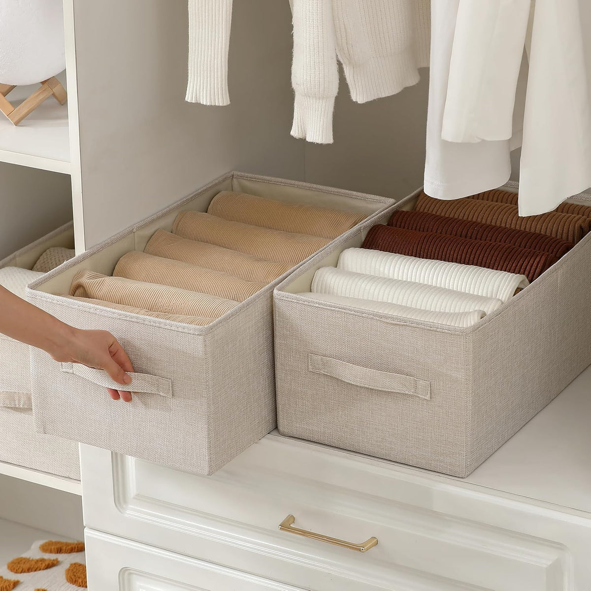 Linen Folding Storage Bins, 3 Pack Large Storage Baskets, Washable, Clothing Storage Bins with Handle, Closet Organizer for Storage Sweater,Sheets(Beige, 18½"x11 x8½)