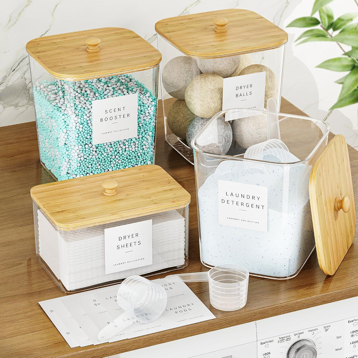 4 Pack Laundry Pods Container, Clear Laundry Room Organization Containers Essentials, Large Detergent Powder Storage Containers Black Wooden Lids & Labels Signs, Home Acrylic Laundry Pods Holder