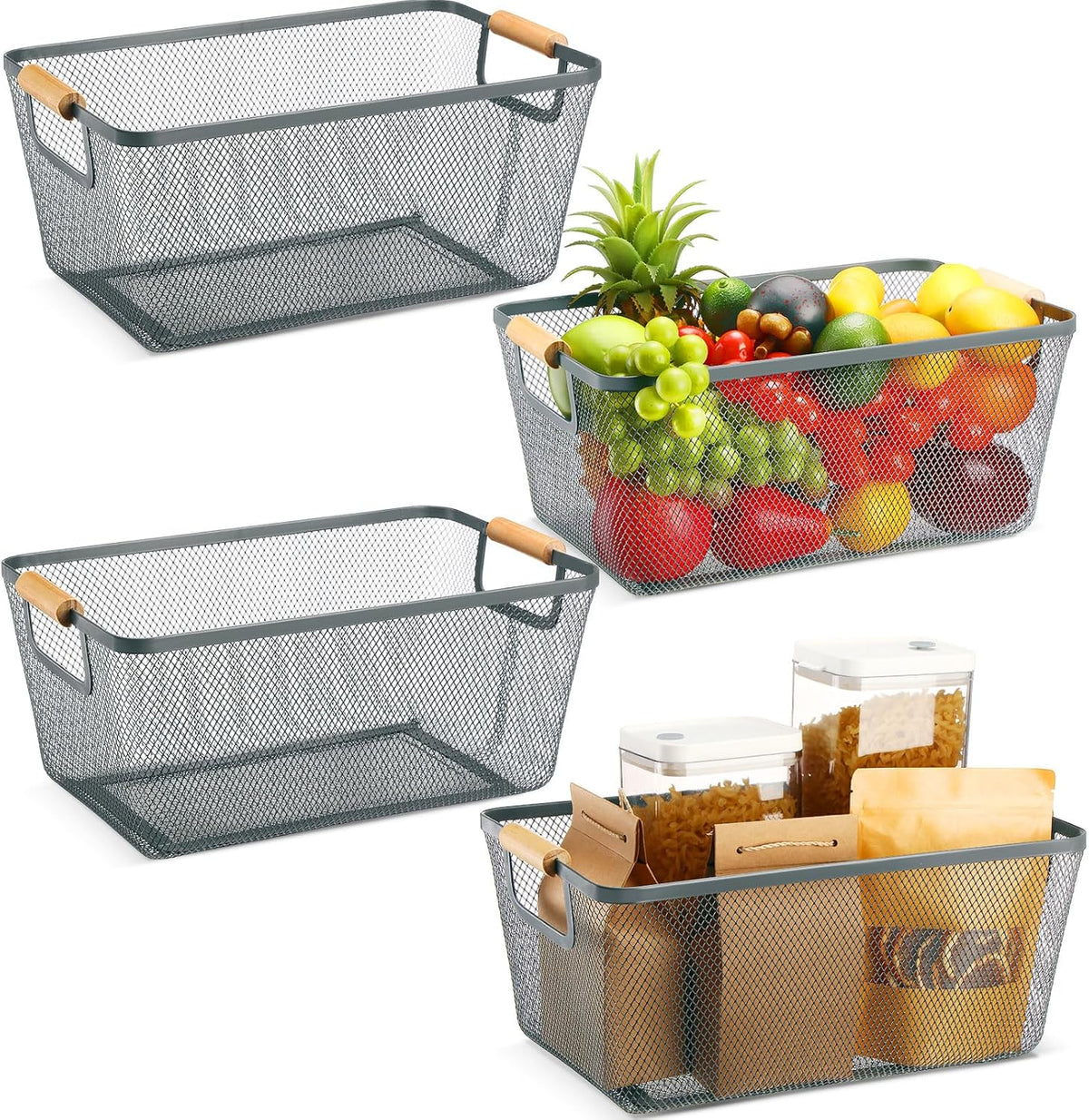 Ziliny 4 Pcs Metal Mesh Wire Baskets with Wooden Handles for Organizing, Pantry Organizers and Storage Steel Bin Kitchen Baskets for Fruit Potato Onion Snacks Bathroom Cabinet(Small,Black)