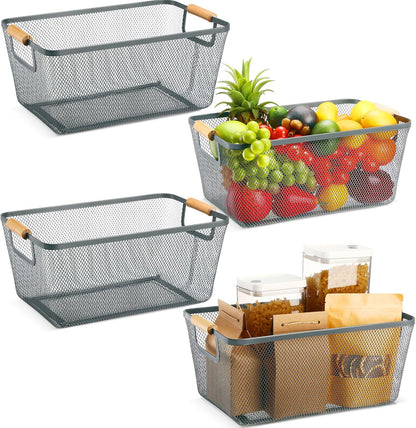 Ziliny 4 Pcs Metal Mesh Wire Baskets with Wooden Handles for Organizing, Pantry Organizers and Storage Steel Bin Kitchen Baskets for Fruit Potato Onion Snacks Bathroom Cabinet(Small,Black)