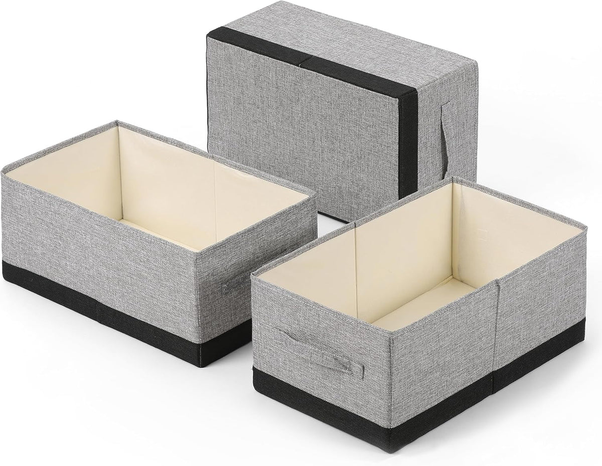 Linen Folding Storage Bins, 3 Pack Large Storage Baskets, Washable, Clothing Storage Bins with Handle, Closet Organizer for Storage Sweater,Sheets(Beige, 18½"x11 x8½)