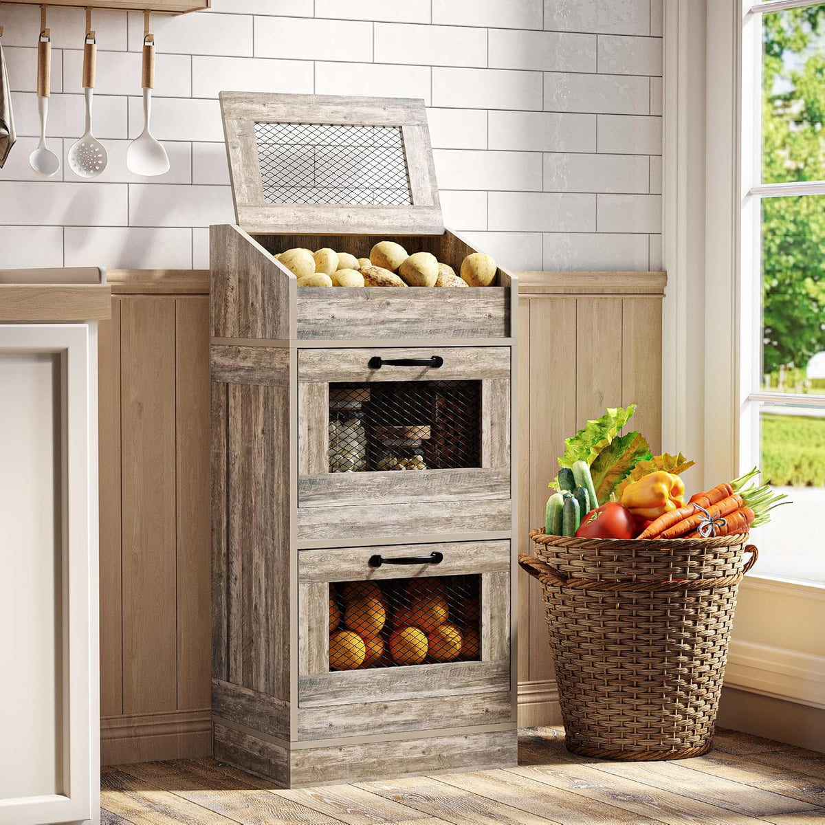 Potato Storage Bin with Lid, Rustic Wooden Onion Storage Bin, Bread Box for Kitchen, Kitchen Decorative Vegetable Storage Cabinet, Rustic Grey HPC001SG