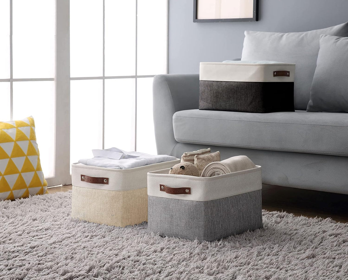 DECOMOMO Storage Bins, Large Fabric Storage Baskets for Shelves, Decorative Linen Closet Organizer, 15 x 11 x 9.5 inches (Beige & White, 3 Pack)
