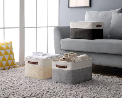 DECOMOMO Storage Bins, Large Fabric Storage Baskets for Shelves, Decorative Linen Closet Organizer, 15 x 11 x 9.5 inches (Beige & White, 3 Pack)