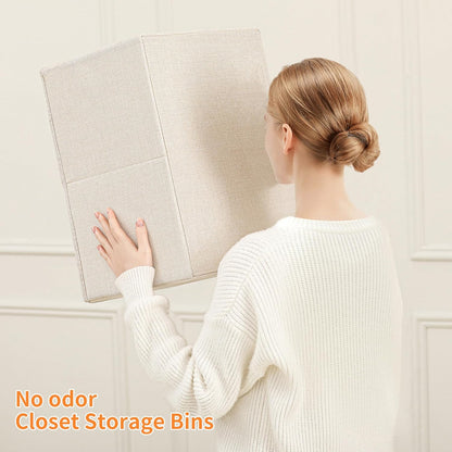 Linen Folding Storage Bins, 3 Pack Large Storage Baskets, Washable, Clothing Storage Bins with Handle, Closet Organizer for Storage Sweater,Sheets(Beige, 18½"x11 x8½)