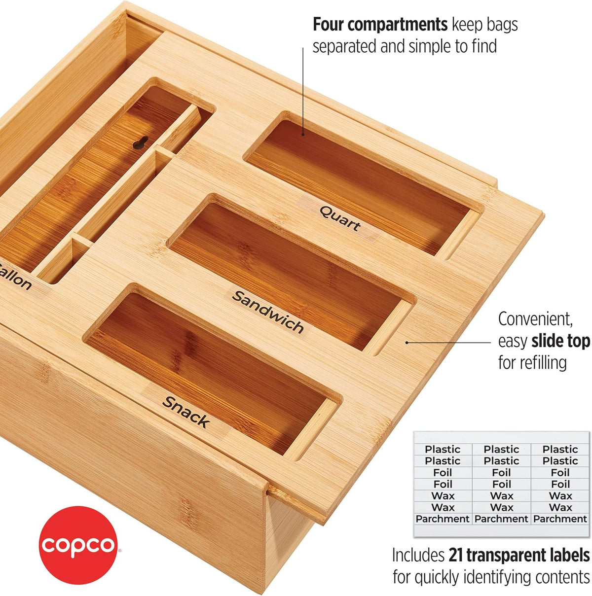 Copco In Drawer or Mounted 4 Compartment Organizer for Plastic, Foil, Wax and Parchment Paper featuring Easy Slide Tabs for Perfect Cut, With 21 Customizable Labels, Bamboo, 13.3 x 11 x 3 Inch