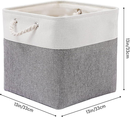 MidmmVick 13 x 13 Inch Cube Storage Bins, 6 Pack Extra Large Collapsible Fabric Storage Bin with Ropes, Foldable Storage Cubes for Home (White & Beige-13"x13"x13")