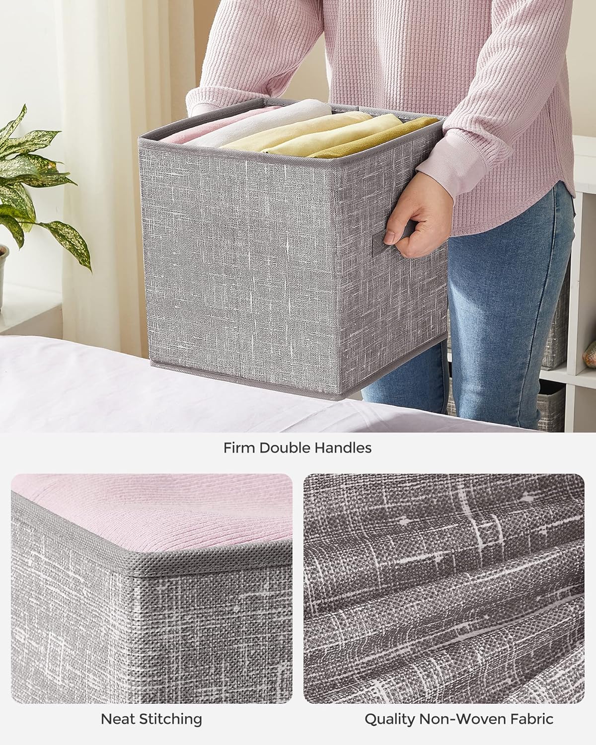 SONGMICS Storage Cubes, 11-Inch Non-Woven Fabric Bins with Double Handles, Set of 6, Closet Organizers for Shelves, Foldable, for Clothes, Cattail Gray UROB26LG