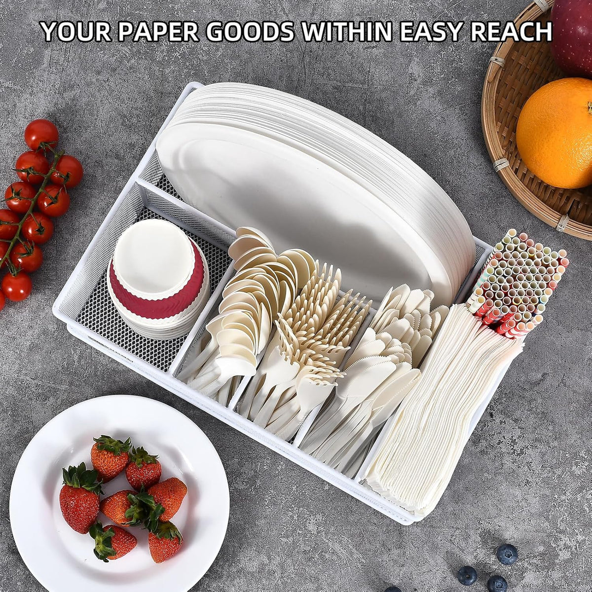 VIKEYHOME Paper Plate Organizer for Countertop, Metal Silverware Caddy with 6 Compartments for Cup, Napkin, Utensil Holder Caddy for Party, Camping, Picnic