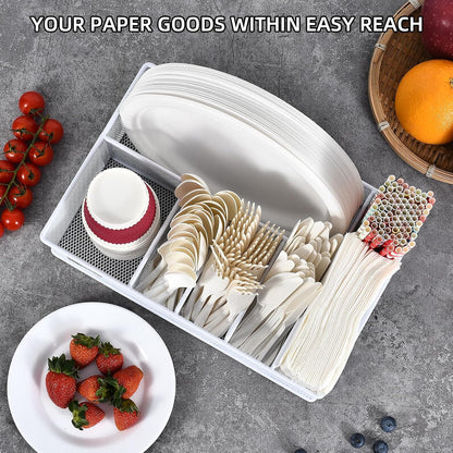 VIKEYHOME Paper Plate Organizer for Countertop, Metal Silverware Caddy with 6 Compartments for Cup, Napkin, Utensil Holder Caddy for Party, Camping, Picnic