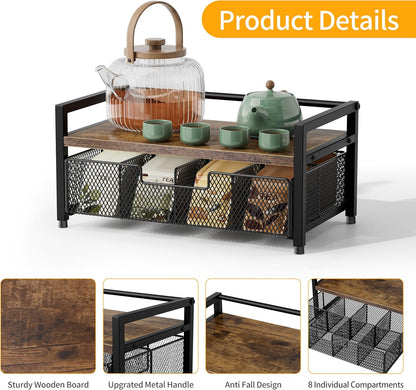 Tea Bag Organizer, Tea Bag Holder with Drawer, Wood and Metal Tea Organizers and Storage Chest for Countertop Kitchen, Office, Rustic Brown