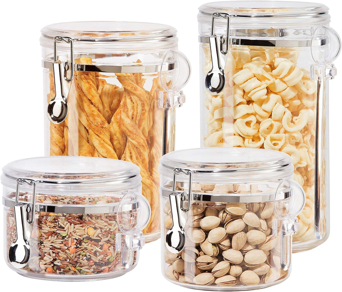Oggi Clear Canister Set with Clamp Lids & Spoons - Airtight Food Storage Containers, Ideal for Kitchen & Pantry Storage of Bulk, Dry Food Including Flour, Sugar, Coffee, Rice, Tea, Spices & Herbs