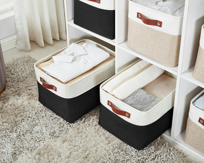 DECOMOMO Storage Bins, Large Fabric Storage Baskets for Shelves, Decorative Linen Closet Organizer, 15 x 11 x 9.5 inches (Beige & White, 3 Pack)