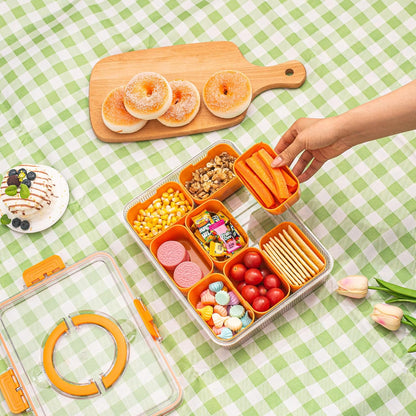 Patent Design Ribbed Snackle Box Container Snack Container Divided Serving Tray with Lid and Handle, 8 Divider Portable Snacklebox for Travel Beach for Charcuterie Veggie Fruit Candy,1 Pack