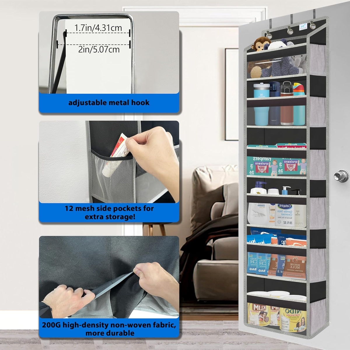 Over the Door Organizer Storage 6 Tier, 12 Large Capacity Side Pockets, Heavy Duty Metal Reinforced Hook Anti Tilt 75 LB Load Behind Door Storage for Bedroom Bathroom Pantry Nursery