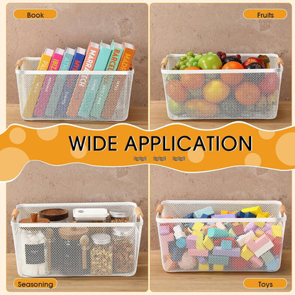 Ziliny 4 Pcs Metal Mesh Wire Baskets with Wooden Handles for Organizing, Pantry Organizers and Storage Steel Bin Kitchen Baskets for Fruit Potato Onion Snacks Bathroom Cabinet(Small,Black)