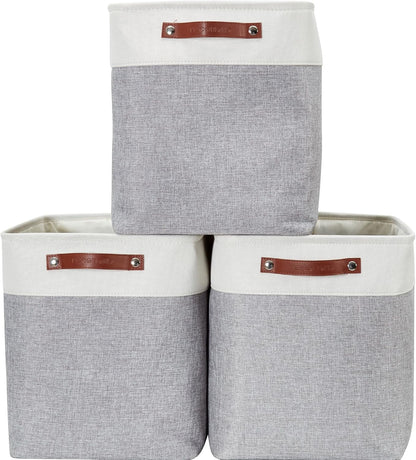 DECOMOMO Storage Bins, Large Fabric Storage Baskets for Shelves, Decorative Linen Closet Organizer, 15 x 11 x 9.5 inches (Beige & White, 3 Pack)