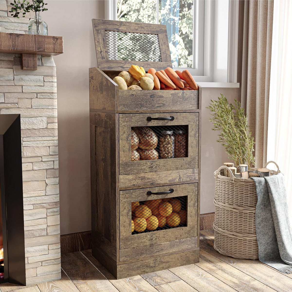 Potato Storage Bin with Lid, Rustic Wooden Onion Storage Bin, Bread Box for Kitchen, Kitchen Decorative Vegetable Storage Cabinet, Rustic Grey HPC001SG
