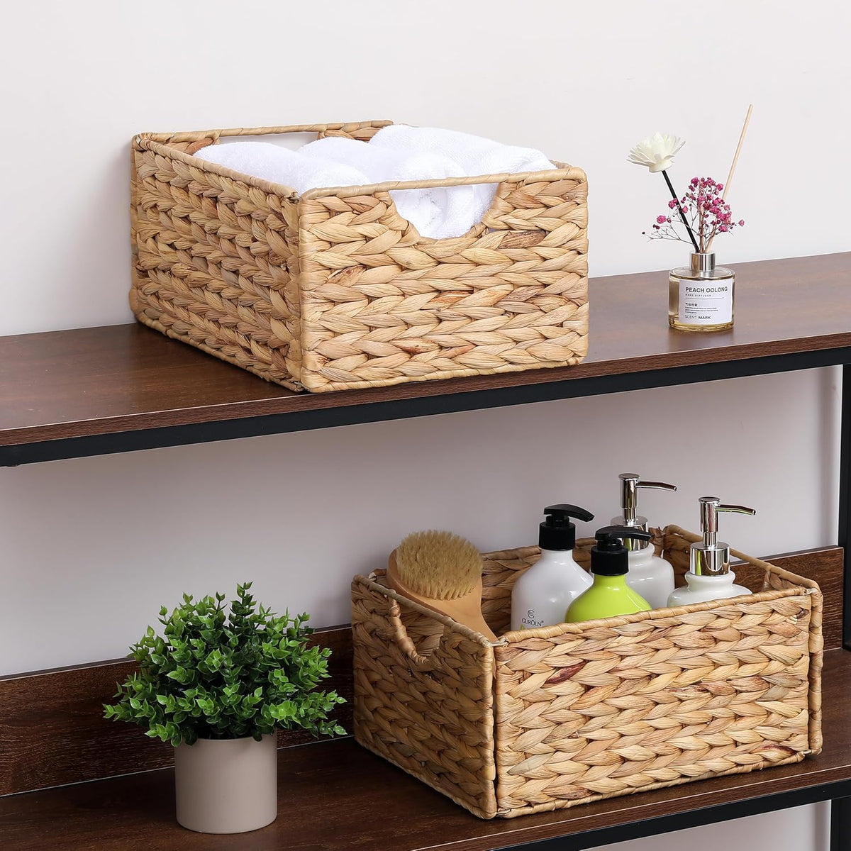 Water Hyacinth Pantry Baskets Set of 4, 12.5 x 9.5 x 6in Hanging Wicker Storage Baskets for Shelves, Pantry Baskets, Bathroom Shelves Storage Basket