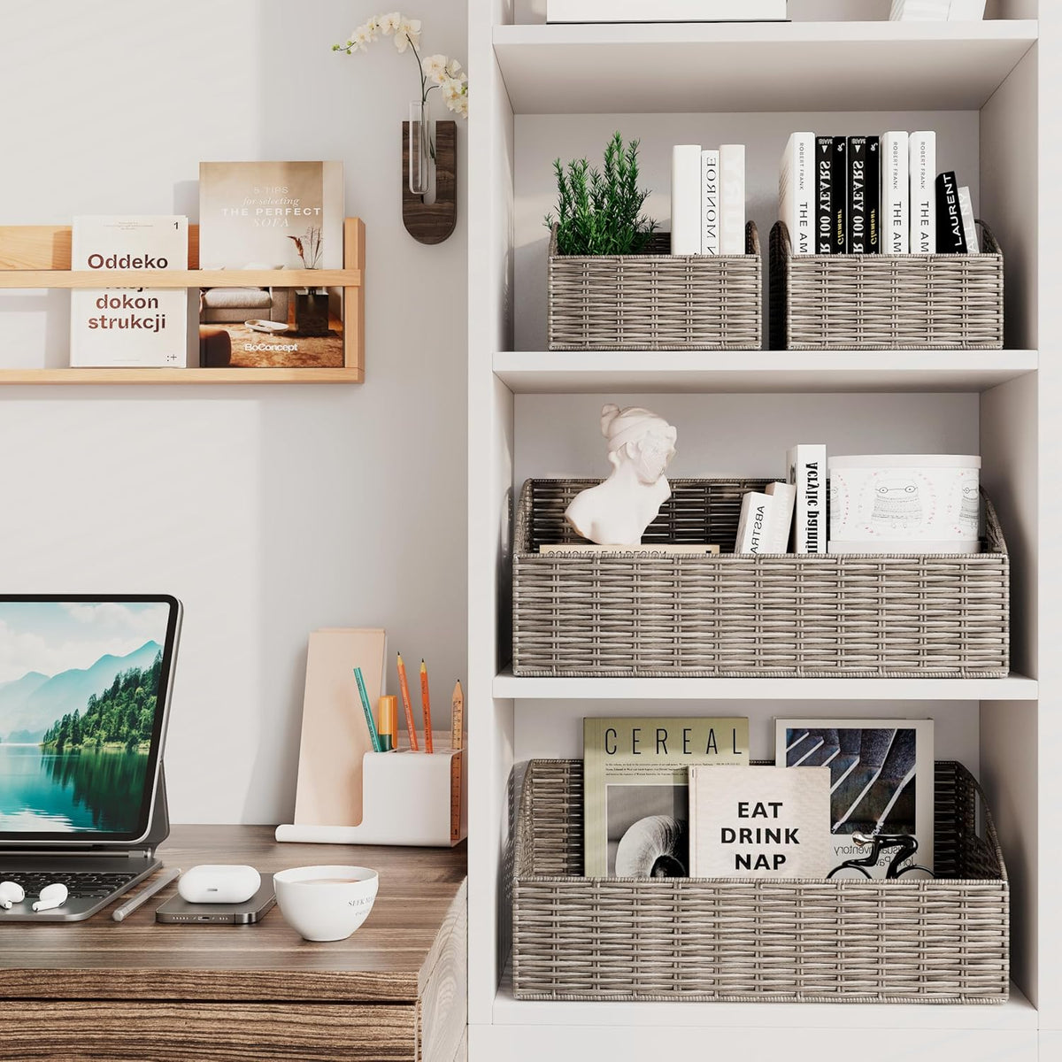 Rattan Storage Baskets, Handwoven Wicker Storage Bins with Built-in Handles, Storage Container Baskets for Shelves, Bedroom, Bathroom, Laundry Room or Kitchen(Natural)