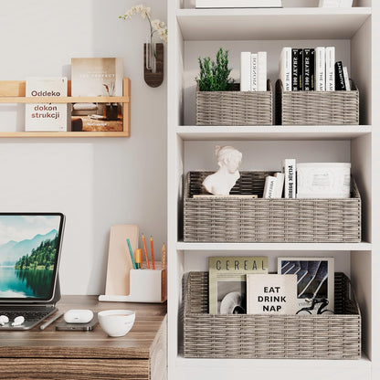 Rattan Storage Baskets, Handwoven Wicker Storage Bins with Built-in Handles, Storage Container Baskets for Shelves, Bedroom, Bathroom, Laundry Room or Kitchen(Natural)