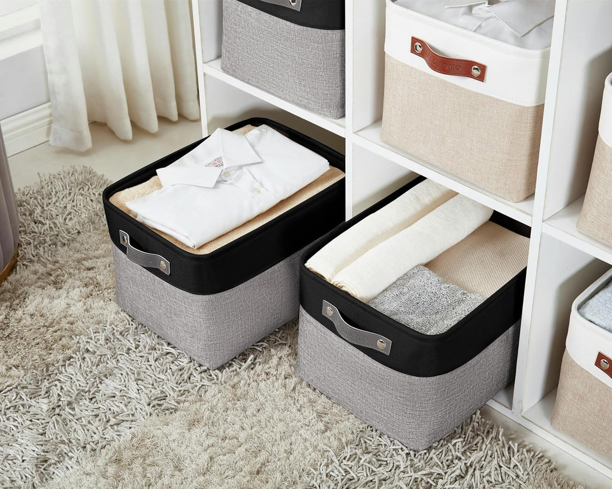 DECOMOMO Storage Bins, Large Fabric Storage Baskets for Shelves, Decorative Linen Closet Organizer, 15 x 11 x 9.5 inches (Beige & White, 3 Pack)