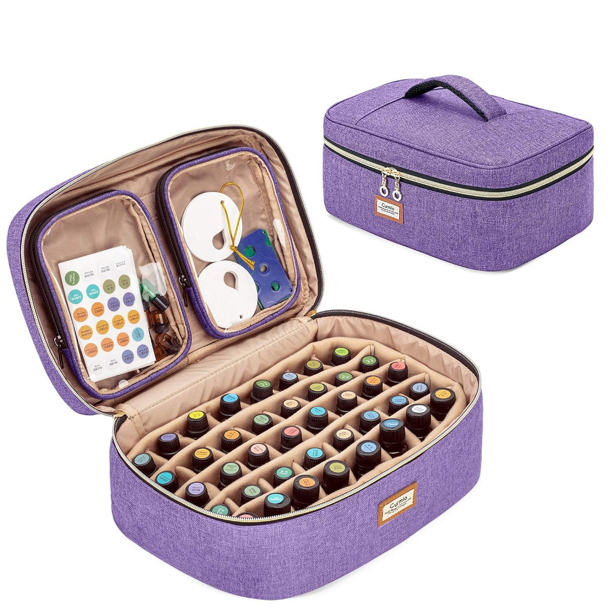 CURMIO Essential Oil Storage Case for 40 Bottles (5ml-30ml), Essential Oils Organizer Case with 2 Detachable Visible Pouches and Portable Handle, Patented Design, Gray (Bag Only)