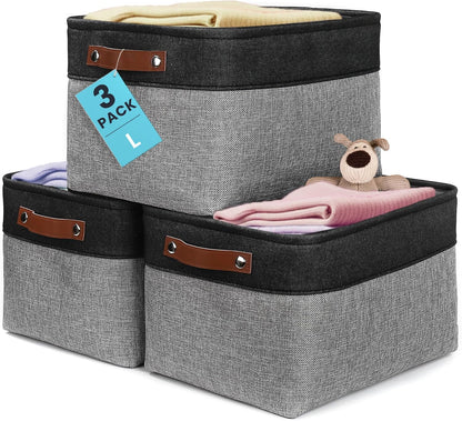 OrganiHaus 12x8in Canvas Storage Baskets 3 Pack | SMALL Fabric Bins for Shelves | Pantry & Bathroom Organizer | Beige/Off-White