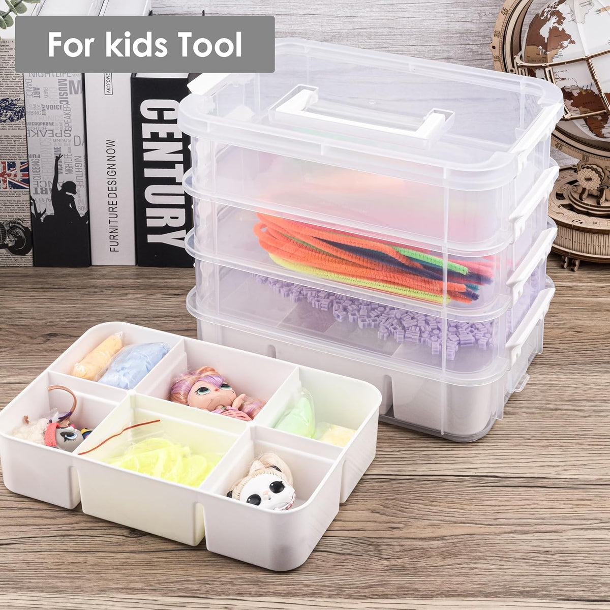 CraftGenes Grey&White Modern Plastic Storage Box - 4-Layer Durable Craft Storage Containers with 2 Removable Trays for Arts & Crafts Supplies, Sewing, Office, Seasonal Decor