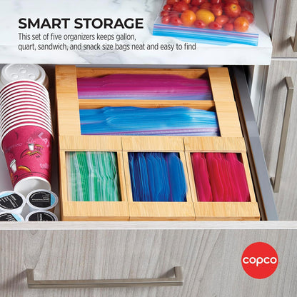 Copco In Drawer or Mounted 4 Compartment Organizer for Plastic, Foil, Wax and Parchment Paper featuring Easy Slide Tabs for Perfect Cut, With 21 Customizable Labels, Bamboo, 13.3 x 11 x 3 Inch