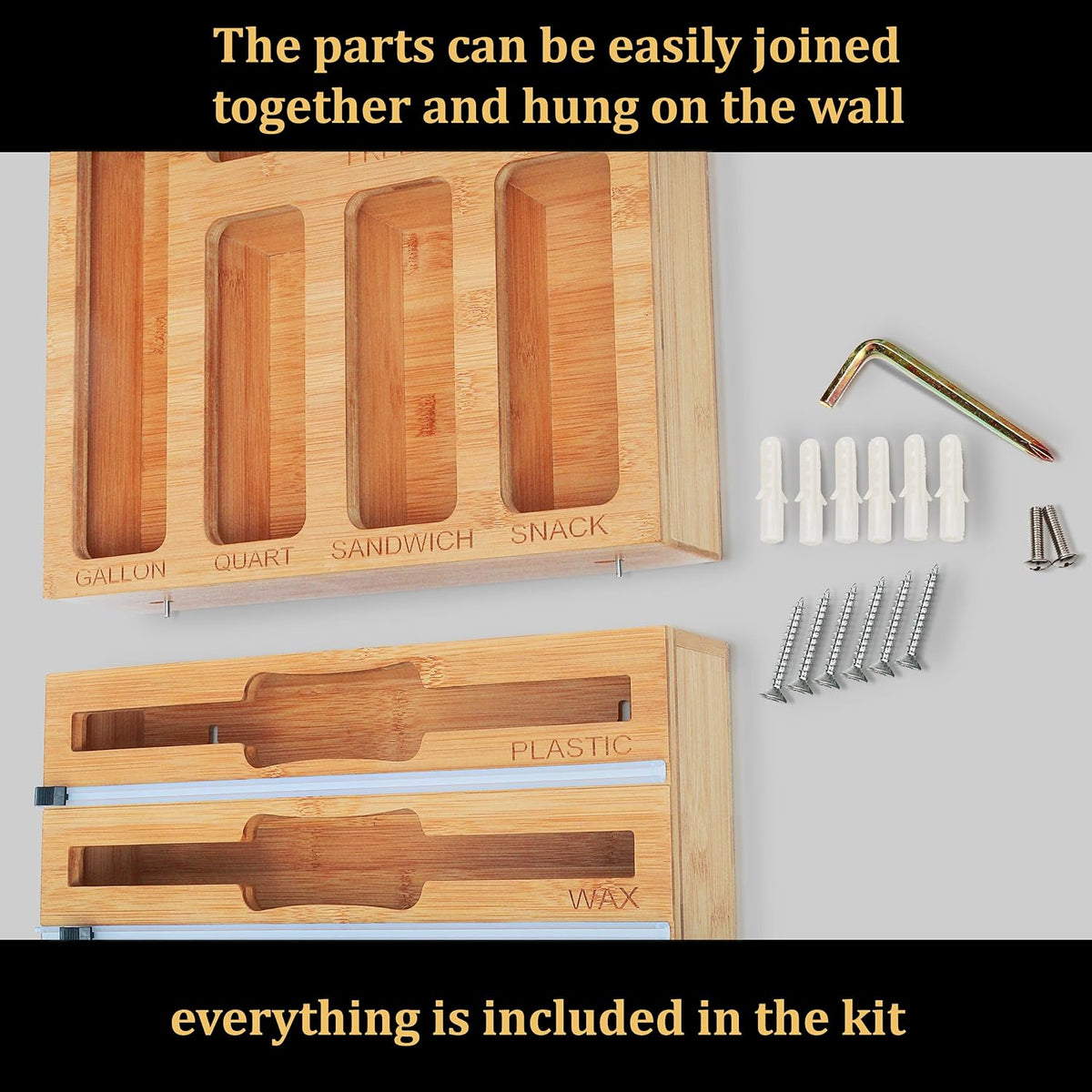 3 in 1 Wrap Organizer with Cutter and Labels, Plastic Wrap, Aluminum Foil and Wax Bamboo Dispenser for Kitchen Storage Organization Holder for 12" Roll (Natural)