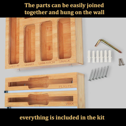 3 in 1 Wrap Organizer with Cutter and Labels, Plastic Wrap, Aluminum Foil and Wax Bamboo Dispenser for Kitchen Storage Organization Holder for 12" Roll (Natural)