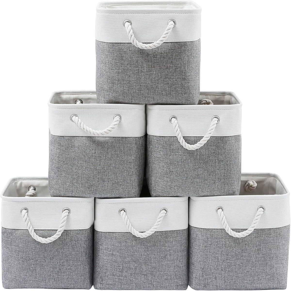 MidmmVick 13 x 13 Inch Cube Storage Bins, 6 Pack Extra Large Collapsible Fabric Storage Bin with Ropes, Foldable Storage Cubes for Home (White & Beige-13"x13"x13")