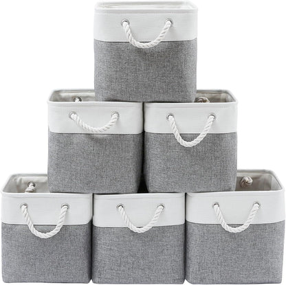 MidmmVick 13 x 13 Inch Cube Storage Bins, 6 Pack Extra Large Collapsible Fabric Storage Bin with Ropes, Foldable Storage Cubes for Home (White & Beige-13"x13"x13")
