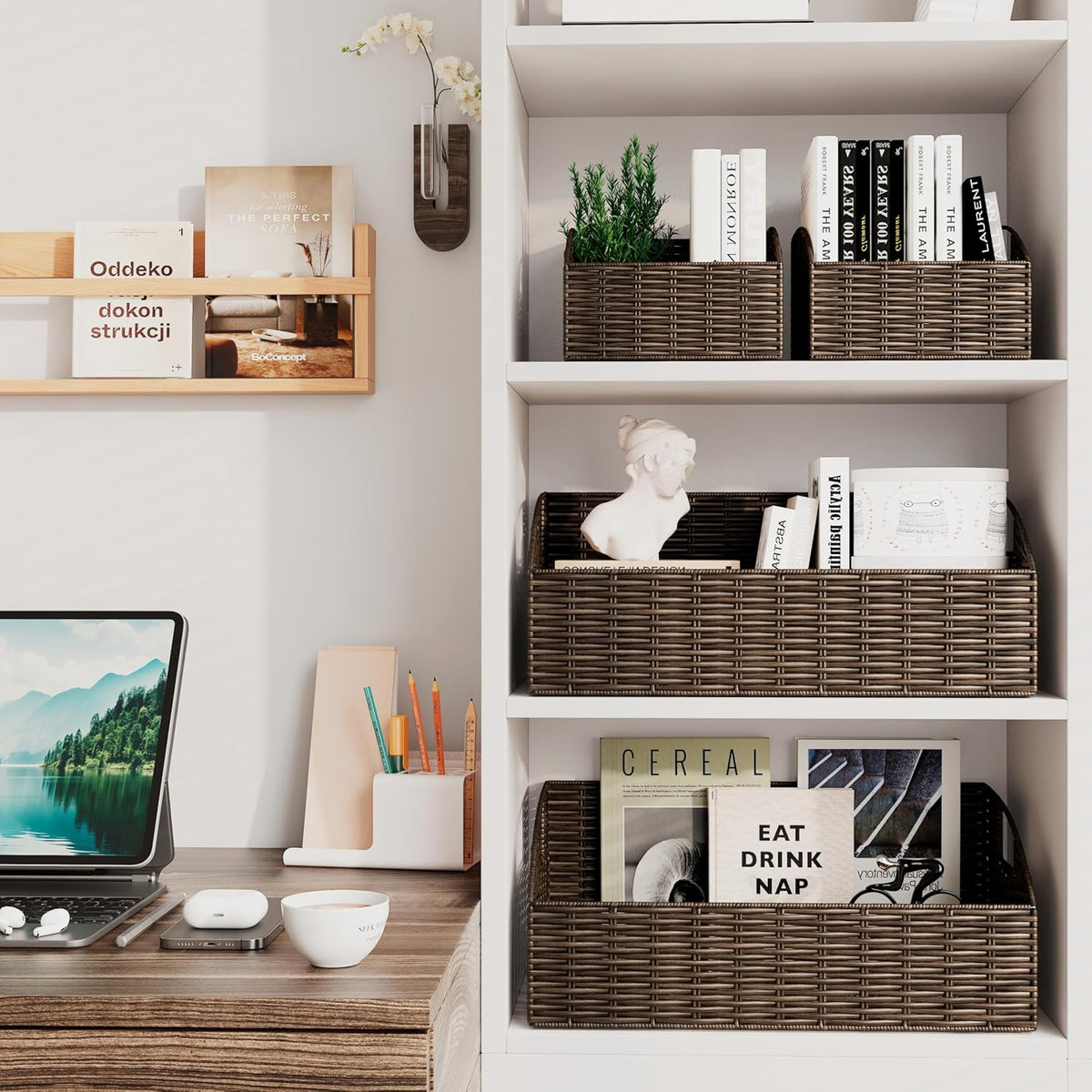 Rattan Storage Baskets, Handwoven Wicker Storage Bins with Built-in Handles, Storage Container Baskets for Shelves, Bedroom, Bathroom, Laundry Room or Kitchen(Natural)
