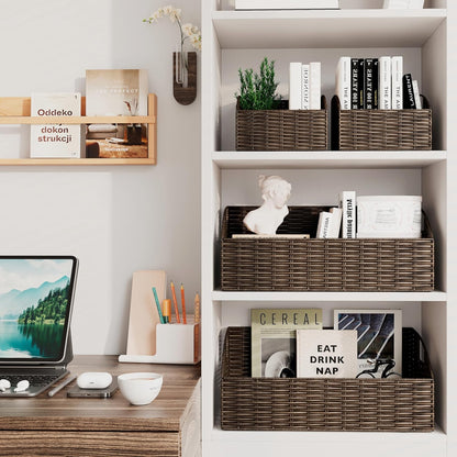 Rattan Storage Baskets, Handwoven Wicker Storage Bins with Built-in Handles, Storage Container Baskets for Shelves, Bedroom, Bathroom, Laundry Room or Kitchen(Natural)