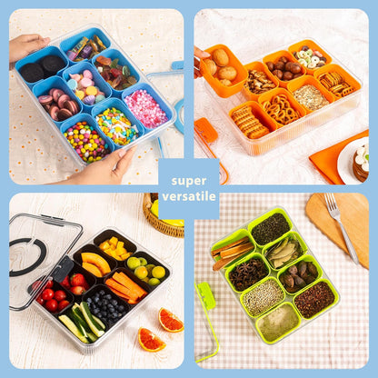 Patent Design Ribbed Snackle Box Container Snack Container Divided Serving Tray with Lid and Handle, 8 Divider Portable Snacklebox for Travel Beach for Charcuterie Veggie Fruit Candy,1 Pack