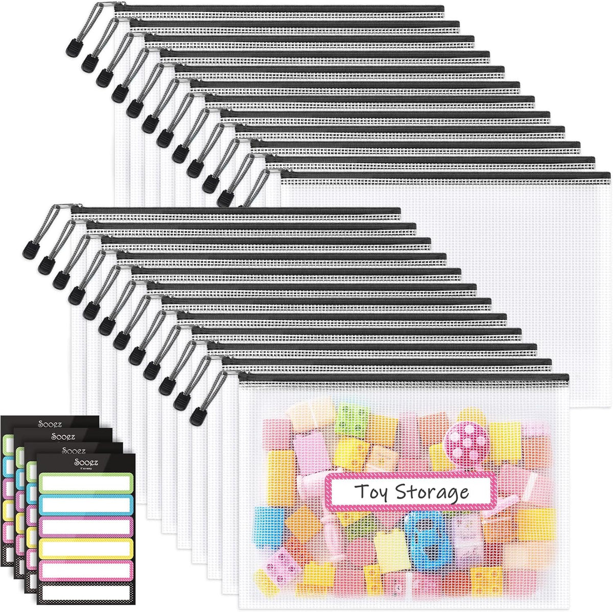 Sooez Mesh Zipper Pouch with Sticky Labels, A4 Mesh Bags, Sturdy Letter Size File Folders Organizer, Office School Classroom Teacher Supplies, Toy Storage Bag Board Game Puzzles Organization