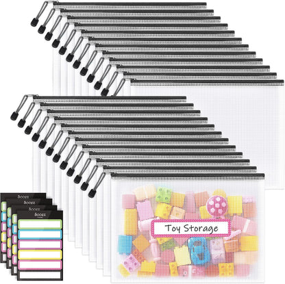 Sooez Mesh Zipper Pouch with Sticky Labels, A4 Mesh Bags, Sturdy Letter Size File Folders Organizer, Office School Classroom Teacher Supplies, Toy Storage Bag Board Game Puzzles Organization