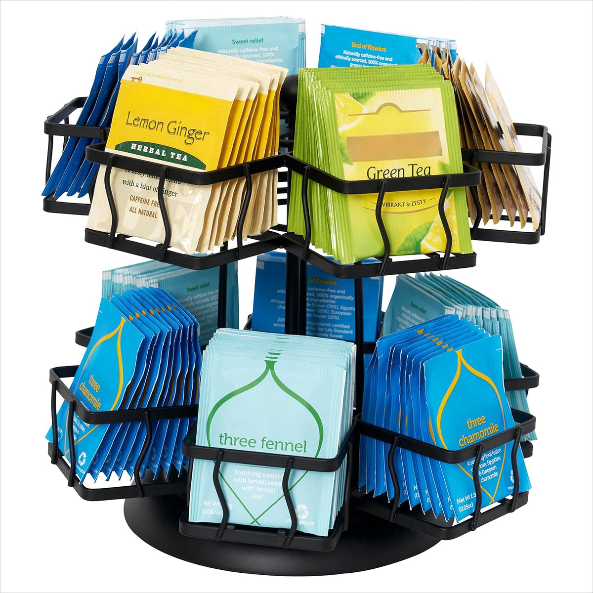 NHZ Tea Bag Organizer - Spinning Carousel Holder With 12 Compartments, Up to 140 Tea Bags Storage, Black Powder Coated Stainless Steel