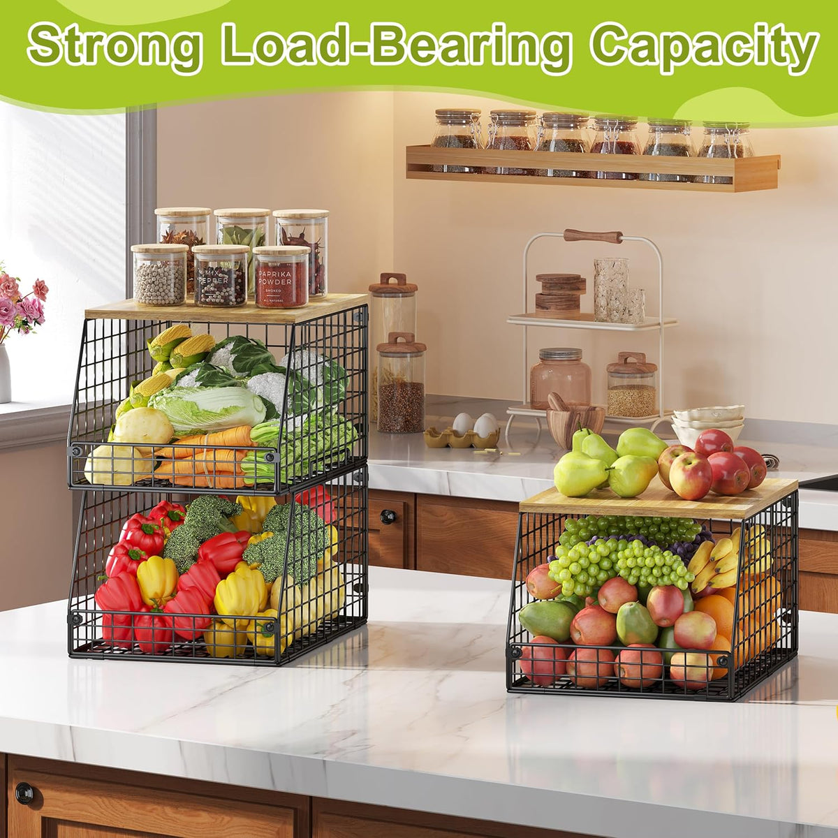 Jakyitvi XXL Stackable Wire Storage Basket, Extra Large Capacity Pantry Organizer and Storage, Muti-Purpose for Fruit Vegetable Basket & Toy Bin & Snack Organizer