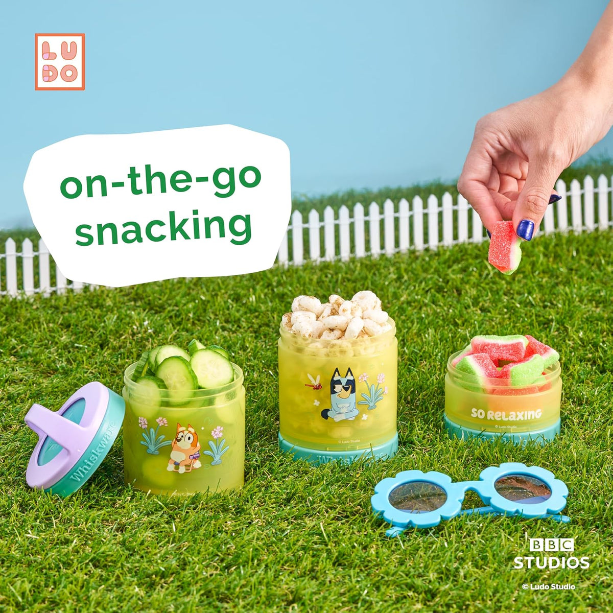 Whiskware Bluey Stackable Snack Containers for Babies, Toddlers, and Kids, 3 Stackable Snack Cups for School and Travel, Cupholder Friendly, Bluey and Bingo! Let’s Do This!