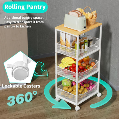 HapiRm Fruit Basket Kitchen Cart - 4-Tier Rolling Storage Cart with Wheels, Fruit Vegetable Basket with Wood Top, Pantry Utility Kitchen Organizer for Fruit Potato Onion Vegetable Bread Snack