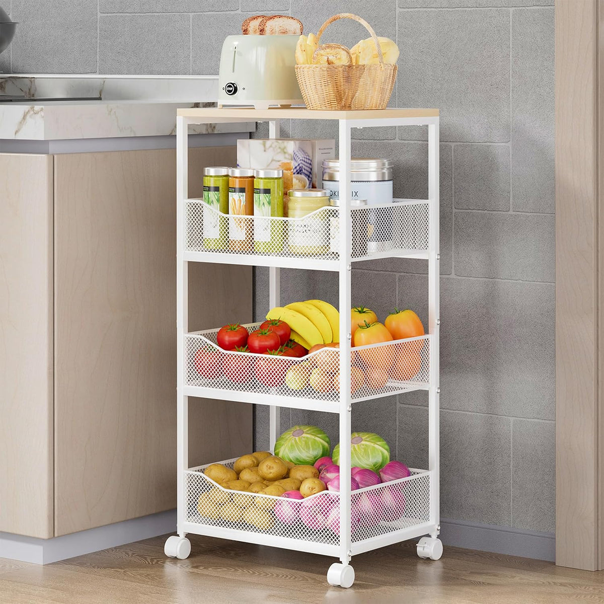 HapiRm Fruit Basket Kitchen Cart - 4-Tier Rolling Storage Cart with Wheels, Fruit Vegetable Basket with Wood Top, Pantry Utility Kitchen Organizer for Fruit Potato Onion Vegetable Bread Snack