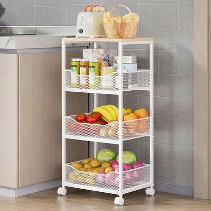 HapiRm Fruit Basket Kitchen Cart - 4-Tier Rolling Storage Cart with Wheels, Fruit Vegetable Basket with Wood Top, Pantry Utility Kitchen Organizer for Fruit Potato Onion Vegetable Bread Snack