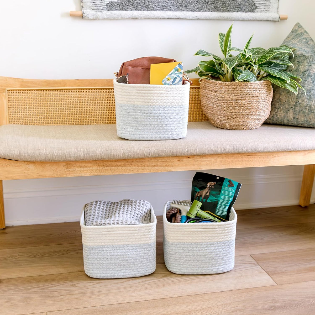 NaturalCozy Storage Cubes 9”x9”x7”Cotton Rope Woven Baskets for Organizing 3-Pack | 9 Inch Cube Storage Bin | Small Basket for Shelf Nursery, Pantry, Decorative Plant, Bathroom Closet, Toy Gift