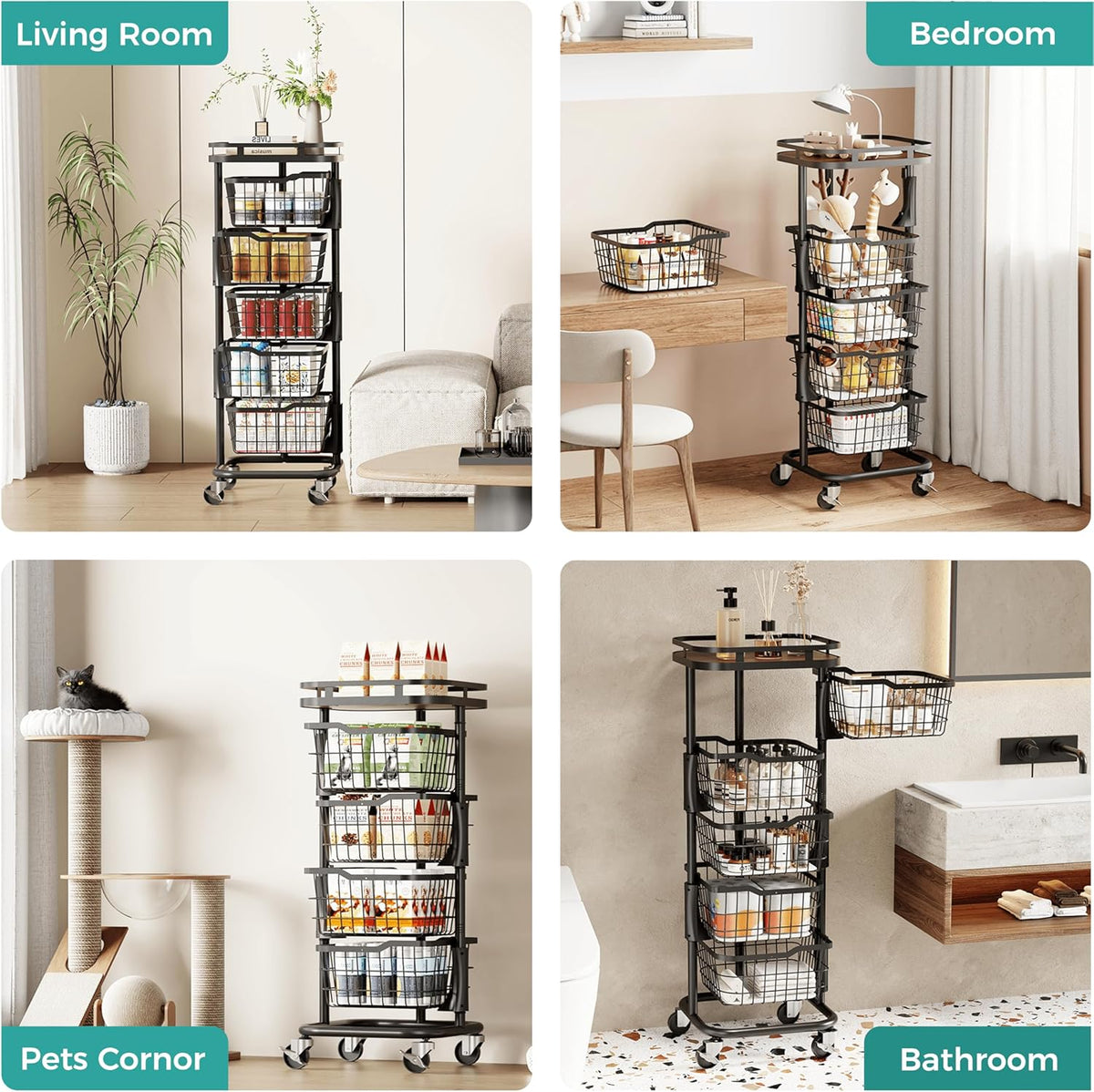5 Tier Kitchen Fruit Vegetable Storage Cart with One-Piece Rotating Basket, Pantry Organizer Shelf Rack Floor Stand for Veggie Onion Potato Produce Spice, Rolling Snack Cart on Wheels, Black